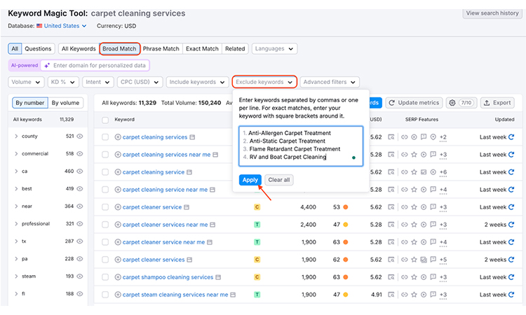 CPC ranges for carpet cleaning keywords