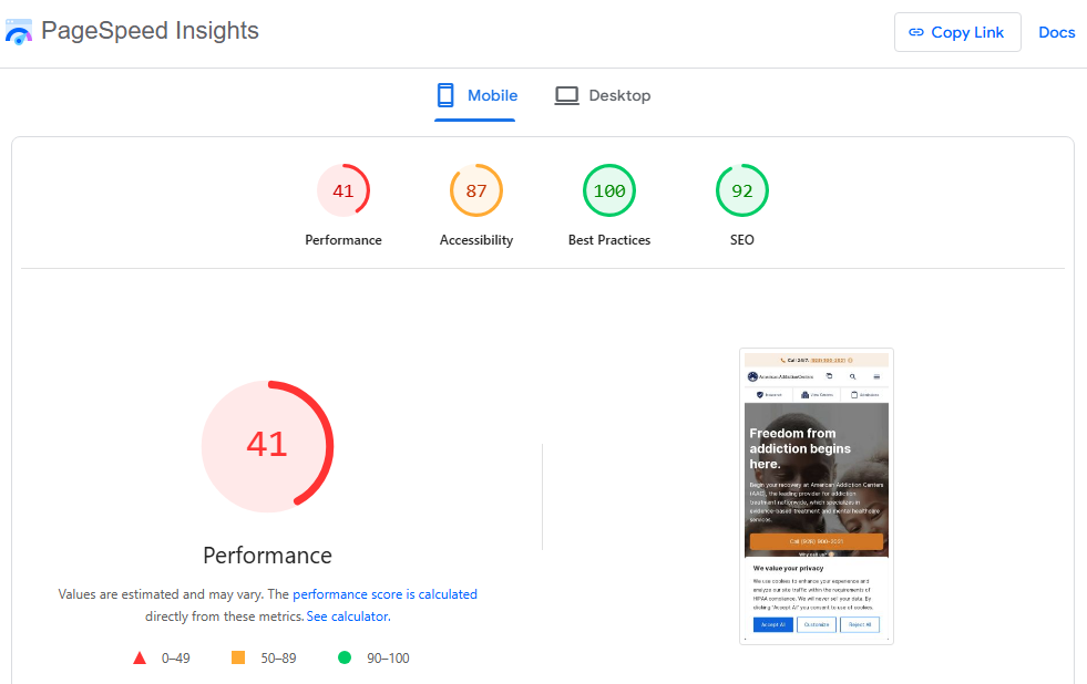 website mobile optimization score