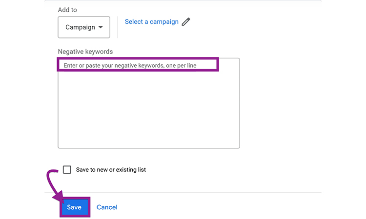 Apply negative keywords