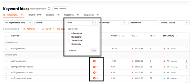 Select Intent  For Your Keyword