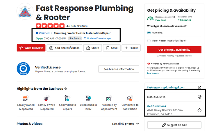 Contact Information on the Yelp online platform