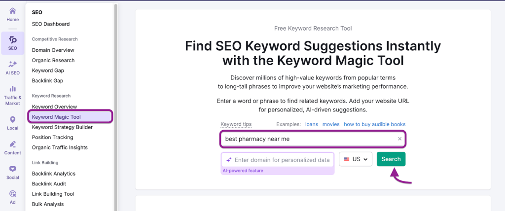 Enter seed keyword in Keyword Magic Tool