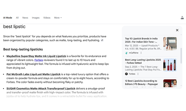 Google AI Overview result for best lipstick search