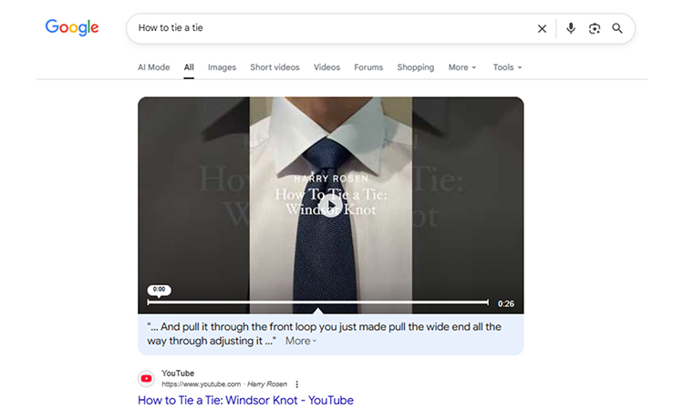 Google search page displaying YouTube video