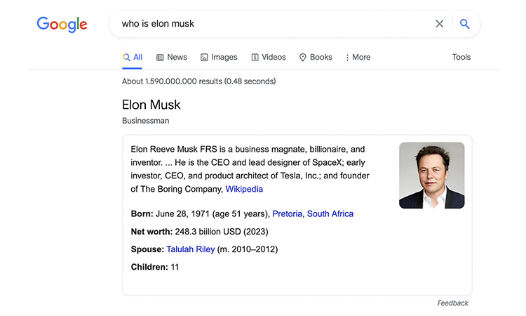 Google search results displaying information about Elon Musk