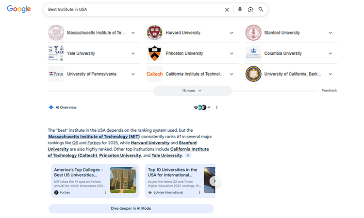 Google search results displaying list of various colleges