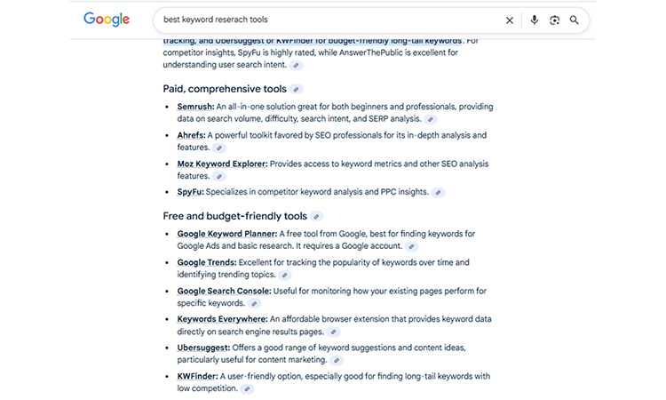 Google search results for various links and snippets
