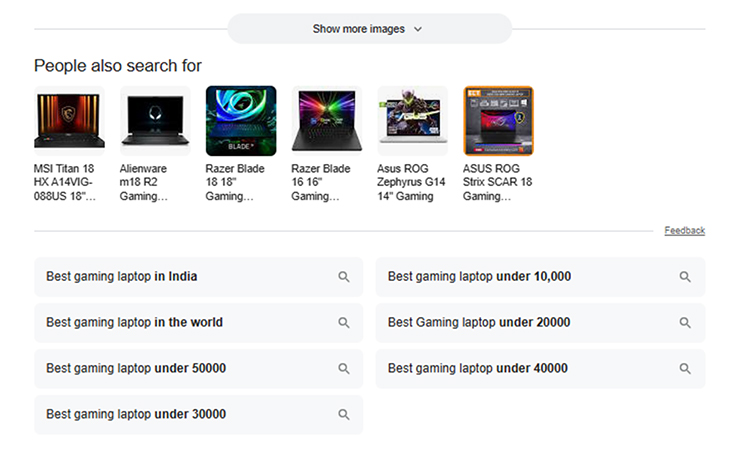 Search results showcasing laptops with prices and features listed