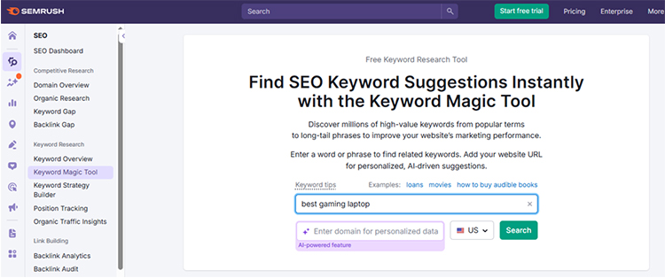 Semrush displaying a keyword tool