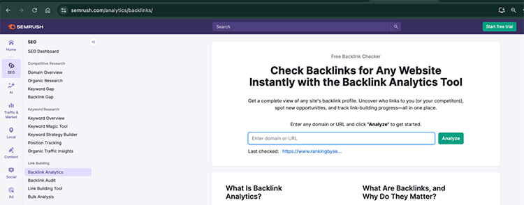 check backlinks in SEMrush
