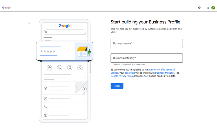 Add your business name and choose your category.