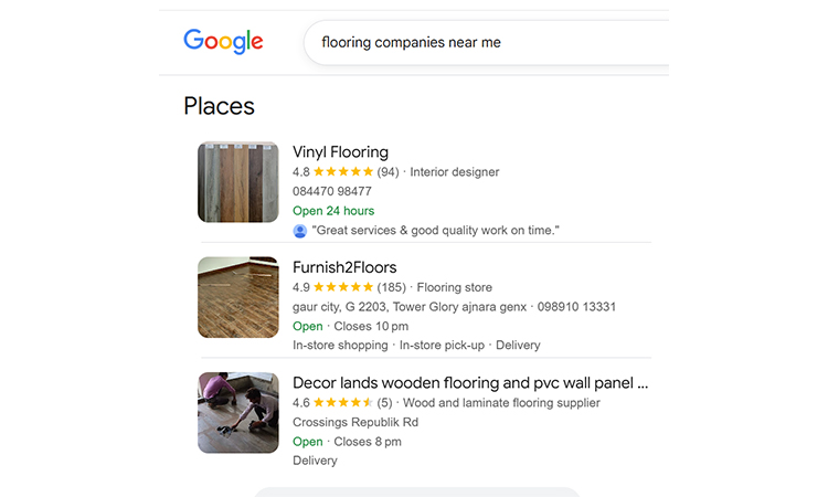 Google  near me searches for flooring companies