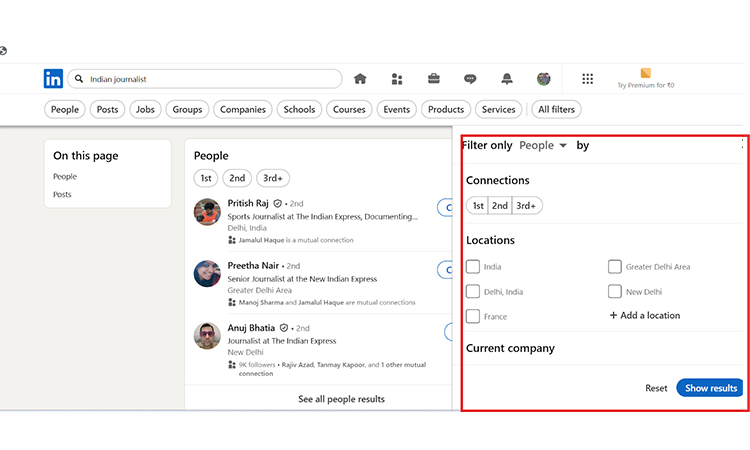 linkedin filter only section