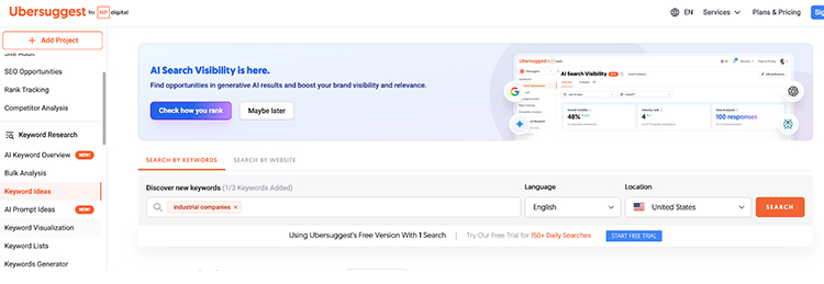 keywords ideas in Ubersuggest